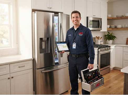 A maintenance boy wearing the formal cloths, standing in the kitchen beside the fridge, and carrying a tablet.